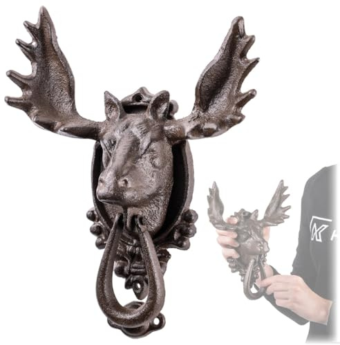 KADAX Türklopfer Elchkopf aus Gusseisen, 20 x 26 cm, dekorativer Haustürklopfer mit großem Geweih und schwerem Klopfring, Türdekoration im Landhausstil (Braun)