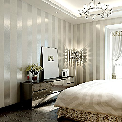 QIHANG Modern Minimalist Non-Woven Vertical Stripes Wallpaper Roll for Living Room Cream&Silver Color 0.53m(1.73'W) x 10m (32.8')=5.3㎡ (57 sq.ft)