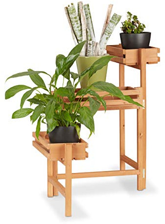 Relaxdays Blumentreppe 3-stöckig, Blumenetagere, beweglich, für Kräuter, Blumentöpfe, Holz Pflanzregal 57 cm hoch, Natur