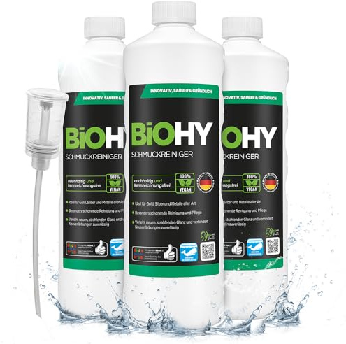 BiOHY Schmuckreiniger (3 x 1 Liter) + Dosierer | Aktive Glanzformel | flüssiges Konzentrat für jedes Ultraschallgerät | für Uhren, Schmuck und Edelmetalle | effektive Ultraschall Reinigung