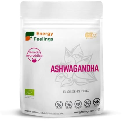 Energy Feelings Ashwagandha en Polvo Ecológica - 1 Kg, Ginseng indio, Combate Estrés, Efecto Anabólico, Sin Gluten, Sin Lactosa y Sin Azúcar Añadido