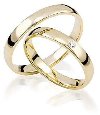 JC Trauringe Gold 585 Paarpreis Poliert I Traumhafte Eheringe 3 mm breit I Einzigartige Partnerringe Gelbgold mit Gravur in edler Schatulle I 2 Hochzeitsringe Herrenring & Damenring mit Stein I J180