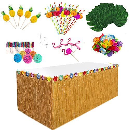 HBell Lot de 77 jupes de table en herbe hawaïenne pour décoration de fête tropicale, feuilles de palmier, guirlande de fleurs hawaïennes, parapluies en papier coloré, ananas, le jardin, le barbecue