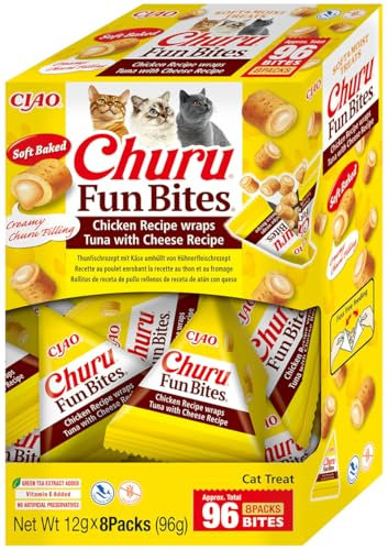 Churu Fun Bites by INABA Cat Treat - Chicken and Tuna with Cheese - 1 Pack (8 x 12g) / Soft Baked Pouches with Creamy Filling, Delicious & Healthy Snack for Cats, Training Treat, Natural, Grain Free