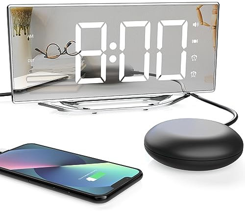 Spiegel Digital Wecker mit Vibration, Großes LED-Display Laut Wecker für Tiefschläfer, Vibrationwecker mit Snooze Doppelwecker, USB Anschluss, Spiegelalarm Einstellbare Helligkeit und Lautstärke