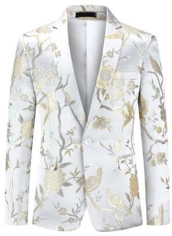 YOUTHUP Broderi blazer för män smal passform blommig kostym jacka snygg blommig smoking jackor, Vit-607, M