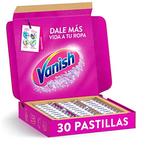 Vanish Nuevas Pastillas Multibeneficio: Quitamanchas, Elimina olores, Evita desteñidos y aporta Higiene Profunda - 30 pastillas