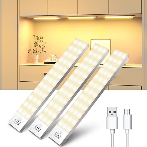 Luce notturna LED, 3 pezzi, luce bianca calda, sensore di movimento, illuminazione per armadio, cucina, batteria USB