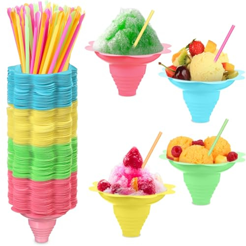 Boao 400 Pieces 5oz Colorful Flower Snow Cone Cups with Spoon Straws, Plastic Shaved Ice Reusable Snow Cone Bowls Supply Shaved, Snack, Ice Cream for Summer, Holiday, Party, Cookout