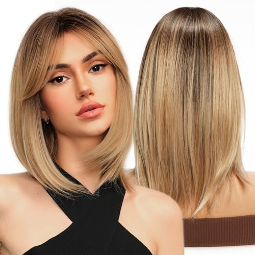 WOKESTAR Parrucca Bob con Frange Parrucche Corte Di Colore Biondo per Donna, Parrucche Bob Sintetiche Resistenti Al Calore Stile Bob