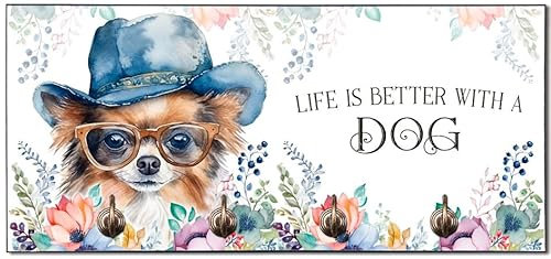 Cadouri Design-Hundegarderobe mit Chihuahua (Langhaar) - Leinenhalterung für Halsband, Leine & Geschirr - originelles Geschenk für Hundebesitzer - handgefertigt