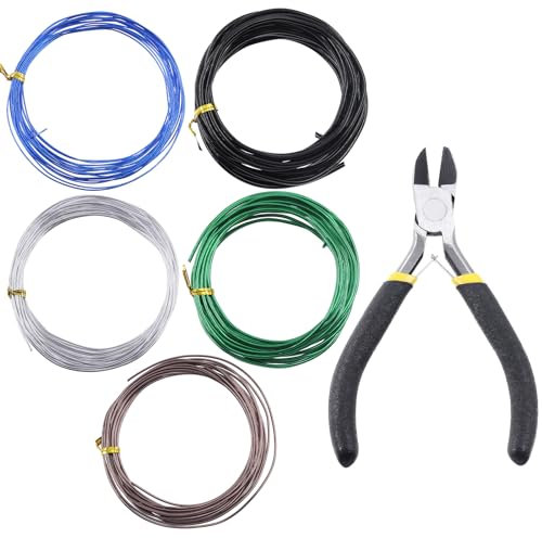Glarks Set di 5 fili per bonsai, 2 mm, 3 mm, 0,8 mm, 1 mm, 1,5 mm, in alluminio, per bonsai, con tagliafilo, set di 82 piedi, in alluminio anodizzato, per contenere ramoscelli bonsai, piccoli tronchi
