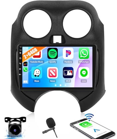 CAMECHO 2+64GB Android Apple Carplay Car Stereo for Nissan Micra March K13 2011-2014 with Wireless Android Auto 9 Touch Screen Double Din Car Stereo with Backup Camera GPS Sat Nav Bluetooth HiFi FM