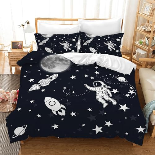 Leleyouzer Rakete Astronaut Bettwäsche Set,Kosmischer Weltraum Planet Raumschiff Muster Bettbezug,Mikrofaser Kinderbettwäsche Set mit 2 Kopfkissenbezügen 50 x 75cm (Astronaut 4, 135×200 cm)