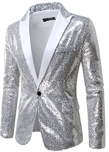 Giacca da uomo con paillettes lucide per smoking, feste, cene, balli studenteschi, giacca da uomo, Argento, L
