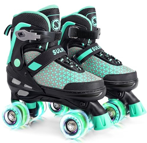 SULIFEEL 4 Sizes Adjustable Roller Skates for Kids, Quad Skates with Light up Wheels, Safe Fun Children Big Kids Skates for Ages 5-8, Best Gift for Beginners Outdoor Skates Sports (Mint Green, Medium)