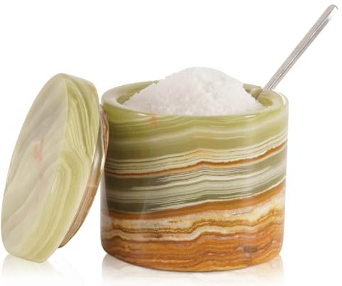 SPESHSTONES Saliera in marmo con coperchio e cucchiaio, 7,6 cm, piccoli contenitori per condimenti fatti a mano, barattoli decorativi per spezie, zuccheriera e saliera traballante per la conservazione