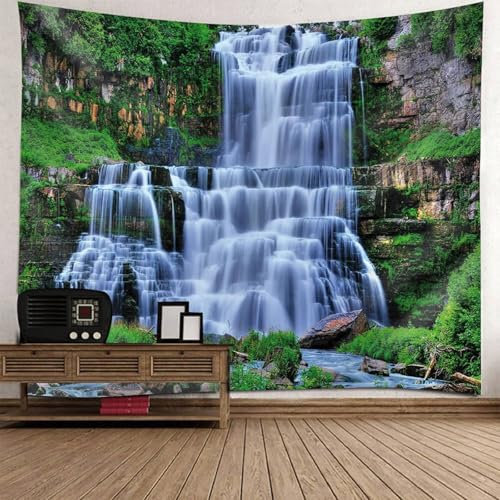 Mesnt Wandteppich Natur Wasserfall, 260x240cm Natürliche Wasserfalllandschaft Wandteppiche für Wohnzimmer Schlafzimmer, Wohnkultur | Weiß Grün