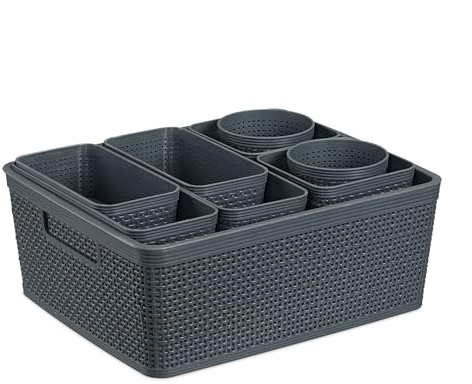 Relaxdays Lådorganiserare set om 10 delar, lådavdelare, förvaringskorgar, olika storlekar. plastkorgar, badrum, grå
