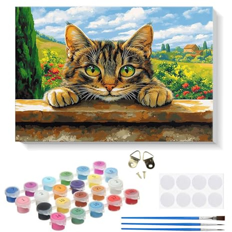 RICUVED DIY Katze Malen nach Zahlen Set für Erwachsene Kinder mit Rahmen - Tiere Paint by Numbers Set Mit Ölgemälde für Anfänger, Leinwand, Pinsel und Farben Wanddekoration 20x30cm