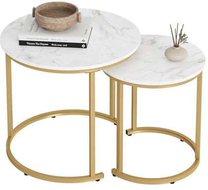 HEYZOEY Couchtisch Rund 2er Set, Wohnzimmertisch, Beistelltische Gold Metall, Kaffeetisch für Sofatisch, Wohnzimmer, Schlafzimmer, Weiße Marmor-Optik mit goldenen Beinen