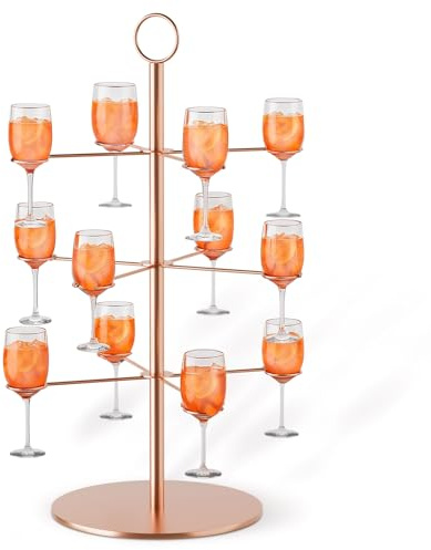 Scalnuvyyh Cocktail Tree Stand for 12 Glasses, Wine Glass Champagne Tower, Metal Racks Hanging Wine Cup Display Stand Drink Tree Display Glass Holder for Cocktails, Champagne, Wine (Rose Gold 3 Tier）