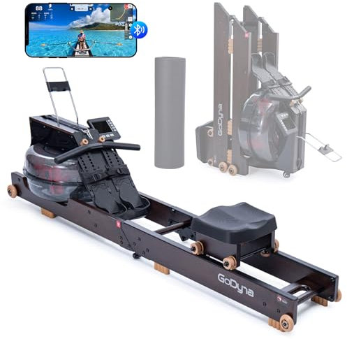 GoDyna Rudergerät Wasser für Zuhause, Klappbar Rudergerät aus Eichenholz mit Bluetooth Display, Verstellbarer Tablet-Halterung, Abnehmbarer Griff und 360-Grad-Drehrollen, Schutzmatte, 180Kg Belastbar