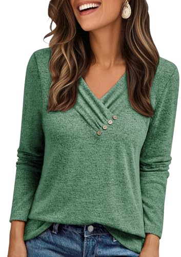 Cuptacc Jersey Mujer 2025 Moda Oversize Elgantes con Botones Decorativos Top Mujer Sin Capucha Transpirable Unicolor Camisa Manga Larga Verde XXL