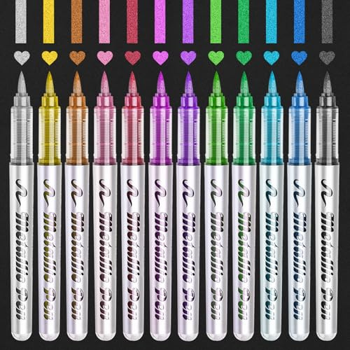Funnasting Marqueurs Métalliques Feutres, 12 Couleurs Stylo en MéTal Métalliques Ecrire sur Toute la Surface, Scrapbooking, Album Photo, Peintures, Verre, Pierre, Bois