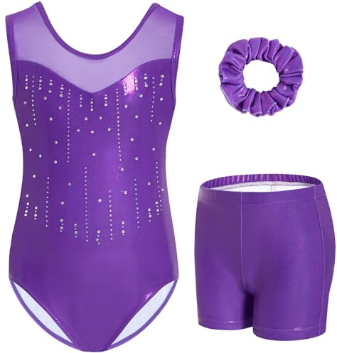 Gogokids Ensemble de Gymnastique sans Manches pour Filles avec Strass, Ensemble de 3 Pièces comprenant un Justaucorps, un Short et un Élastique à Cheveux, Vêtement de Gymnastique avec Col Échancré en