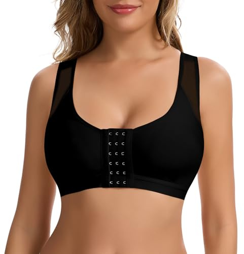 Joyshaper Damen Vorderverschluss BH Ohne Bügel Postoperativer Kompressions BH Sport Bra mit Rückenstütze Bequemer Bustier, Schwarz, L