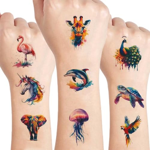 Nymora Kinder Tattoos Hautfreundlich - 10 Stück Wasserfarben Tiere Temporäre Kindertattoos für Kinder, Kinderkörper Schulter Arm Aufkleber, Geburtstags Deko