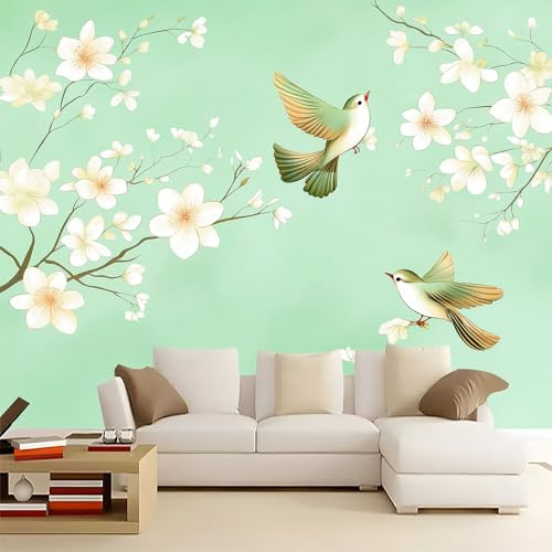 Carta da Parati 3D Fiori e uccelli verde chiaro 300x210 cm Murale Poster Grande, Carta Parati Fotomurale Stampata 3D per Soggiorno, Camera Letto, Sala Pranzo