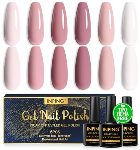 INPING Smalto Semipermante Unghie HEMA-FREE TPO-FREE, 6 Colori Rosa Nude Bianco Set Di Smalti UV Gel Primavera Estate Soak-Off UV/LED per Nail Art Salone, 8 ML