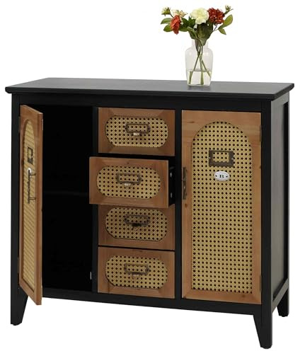 Mendler Commode de pharmacien HWC-O63 Aspect rotin Vintage 80x91x40cm Corps Noir
