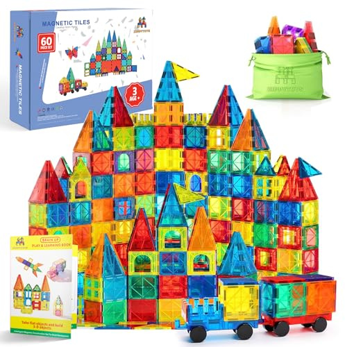 Zippytoys Magnetic Tiles Building Blocks Set for Kids – 60PCS 3D Magnetic Construction Toy with Wheel Cart & Storage Bag – STEM Learning Toy for Boys & Girls Age 3+ – Strong Magnets & Safe ABS Plastic