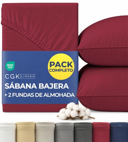 Sábana Bajera Jersey Algodón 140x200cm Burdeos + 2 Fundas de Almohada 80x80cm - Pack de 3-100% Algodón - Rizo 40cm / 16 - Suave, Antiarrugas e Hipoalergénico - Certificado Oeko-Tex Standard 100