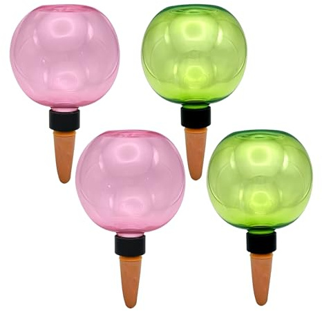 4 Unidades Bolas de Riego Plantas Autorriego 500 ml, Sistema Riego Automático Serie, Goteo Lento Liberación Gradual Transparente, para Macetas Interior Exterior Balcón Jardín Vacaciones (Rosa, Verde)