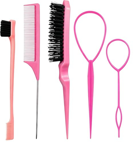 5Pcs Slick Hair Brush Set Edge Brush Teasing Brush Rat Tail Comb Topsy Tail