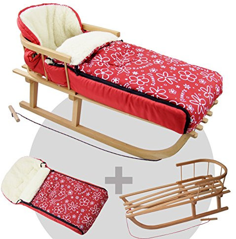 BAMBINIWELT Kombi-Angebot Holz-Schlitten mit Rückenlehne & Zugseil + universaler Winterfußsack (108cm), auch geeignet für Babyschale, Kinderwagen, Buggy, aus Wolle Design (Flowers rot)