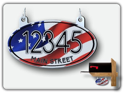 Curb N Sign Aluminum Composite Material Oval Mailbox Number Sign - American Flag Style - Super Reflective, Double Sided Options - Customized Mailbox Numbers for Outside