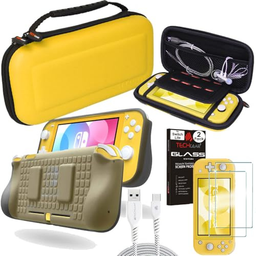 TECHGEAR Switch Lite Ensemble d'accessoires, Coque et protecteur d'écran pour Nintendo Switch Lite, Housse de protection de transport & rangement, étui souple, 2x Verre trempé et 2m USB Câble [JAUNE]