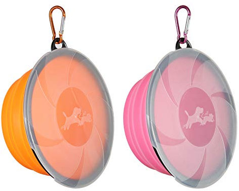 SLSON 2 Stück Hundenäpfe Faltbare Reiseschale, auslaufsichere Hundenapf mit Deckel und Haken Tragbare Silikon Trinkschale für Katzen,Hunde Wanderungen and Camping (1000ML, Orange und Pink)