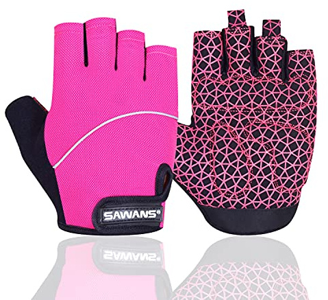 SAWANS Gel Cycling Gloves Fingerless Padded Mountain Bike Bicycle Gloves Anti-slip Gym MTB Half Finger Reflective Biking Mitts Shock Absorbing Hiking Sports (Pink, S)