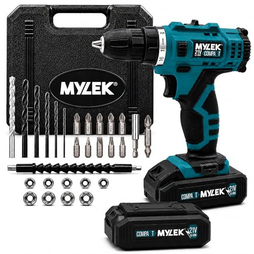 MYLEK 21V Cordless Drill Electric Screwdriver Combi DIY Set Kit, 2 Speed, Fast Charge Li-ion Batteries 2 Pack, Variable Speed, Lightweight, LED Light