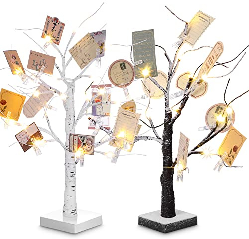Coume 2 Pcs Money Tree Gift Holder Gift Card Holder with 18 Inch LED Lights Birch Money Tree Decorations Battery Powered Tables Centerpieces with 30 Clear Clips for Father's Day Party Wedding Birthday
