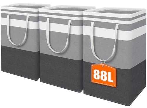 HomeHacks 3-Pack Large Laundry Basket, Waterproof, Freestanding Laundry Hamper, Collapsible Tall Clothes Hamper with Extended Handles for Clothes Toys in the Dorm and Family-(Gradient Grey, 88L)