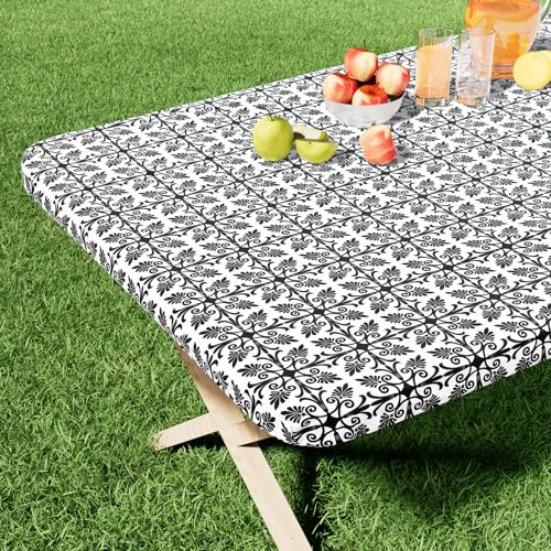 misaya Nappe rectangulaire en Vinyle, Nappe élastique ajustée avec Envers en Flanelle, 100% Plastique imperméable, pour Tables Pliantes de 1,8 m, pour Pique-Nique, Camping, extérieur (Noir, 76,2 x