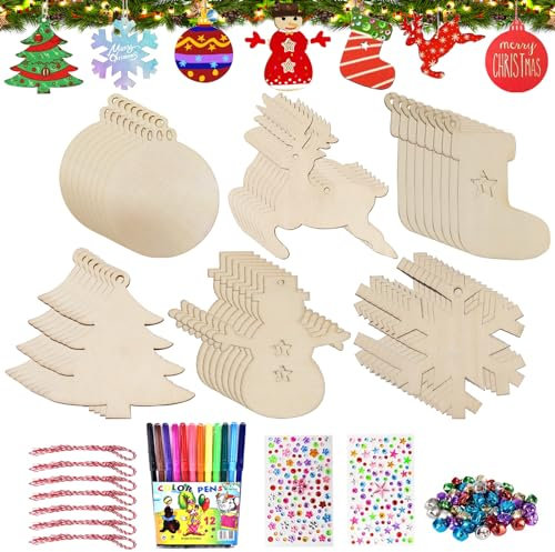 Weihnachtsbaum Deko Holz, 158 PCS Bastelset Weihnachten, Bemalen Holz Weihnachtsdeko Anhänger,Schneeflocke Engel Sterne Laterne Form Holzscheibe mit Schnüre für Weihnachtsbaum DIY Anhänger Dekoration