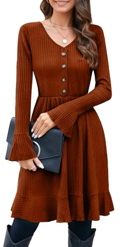 ULTRANICE Strickkleid Damen Herbstkleid Winterkleid V Ausschnitt Pulloverkleid mit Deko Knopf Herbst Winter Kleid (Brown, M)